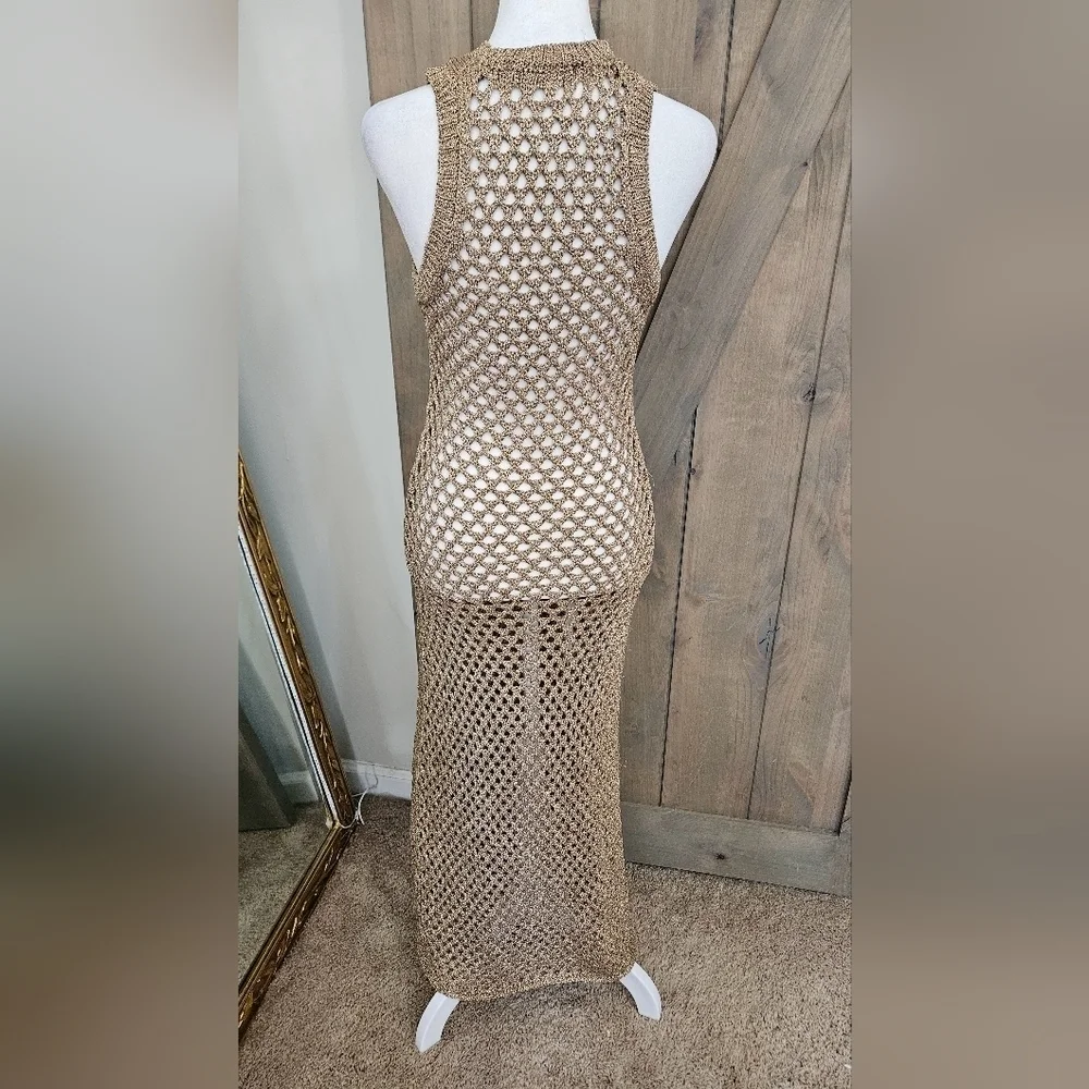 Zara Metallic Crochet Fishnet Midi Dress Gold Open Knit Cover Up Size Small - Picture 12 of 16